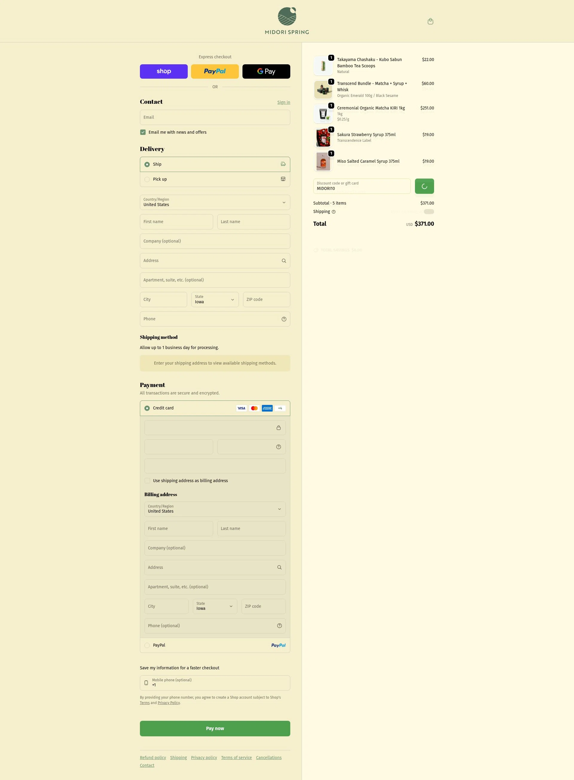 Midori Spring checkout page showing Midori Spring discount code box | Screenshot taken by SimplyCodes community member on Feb 3, 2026