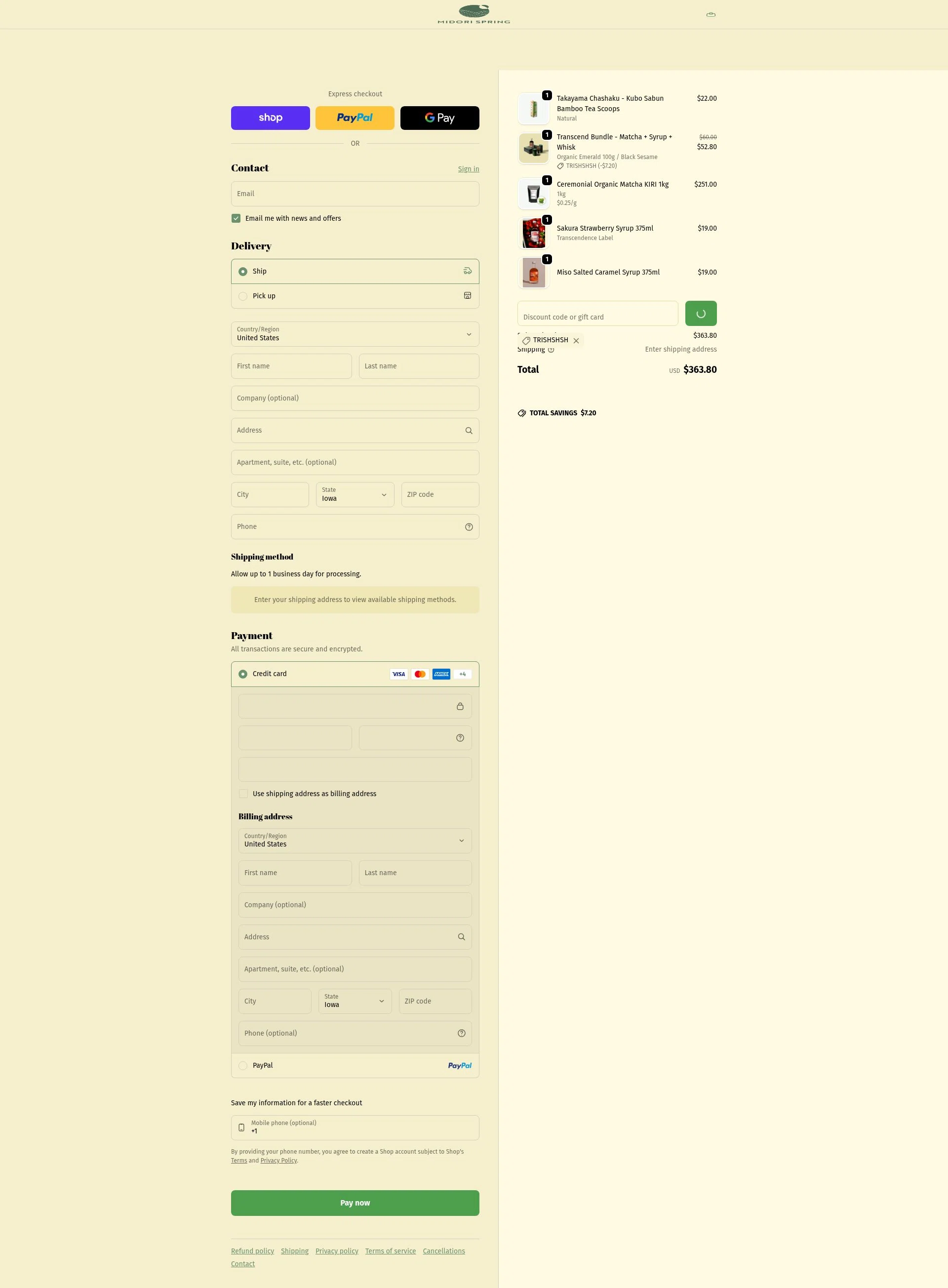 Midori Spring checkout page showing Midori Spring discount code box | Screenshot taken by SimplyCodes community member on Feb 3, 2026