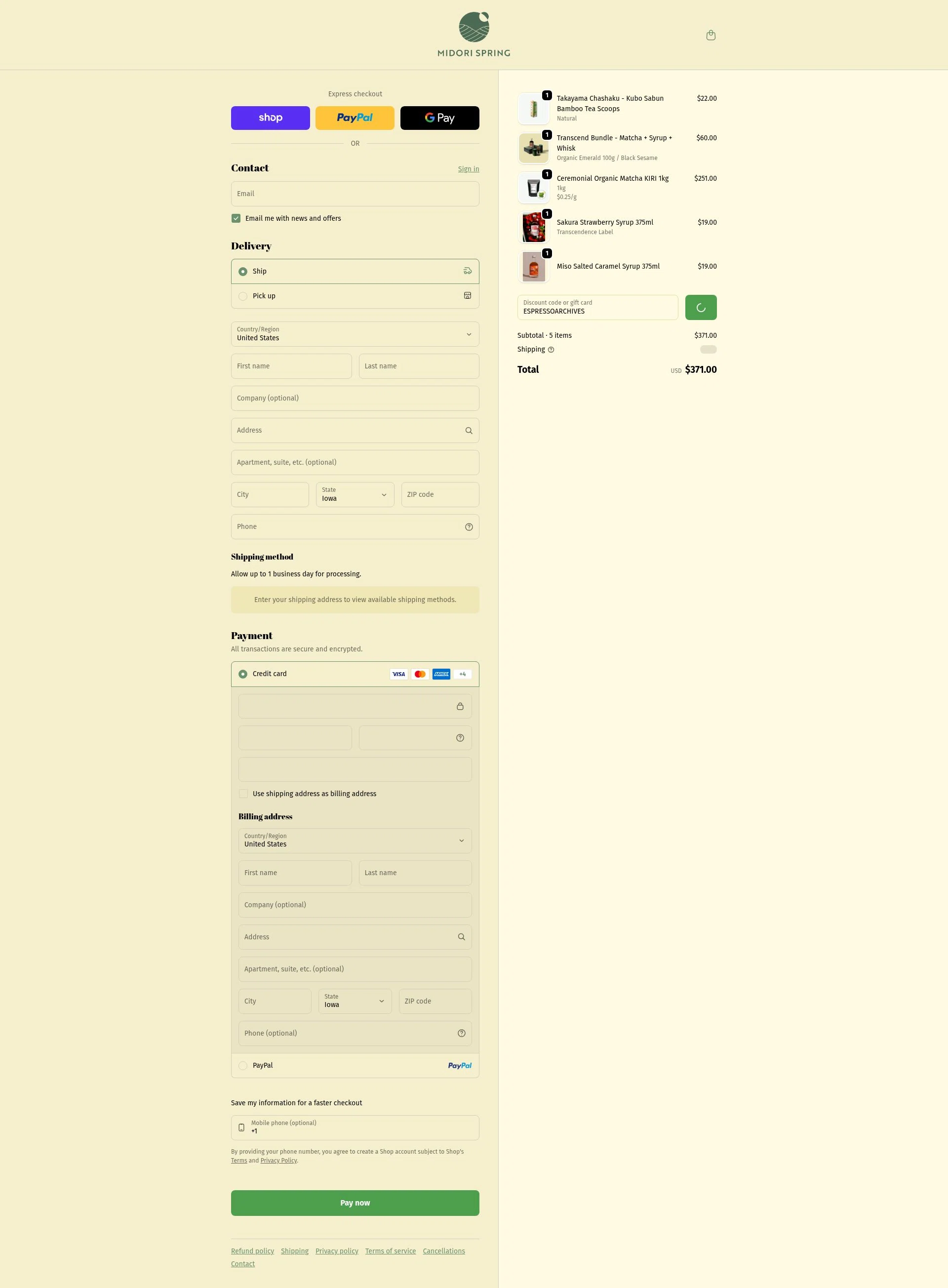 Midori Spring checkout page showing Midori Spring discount code box | Screenshot taken by SimplyCodes community member on Feb 3, 2026