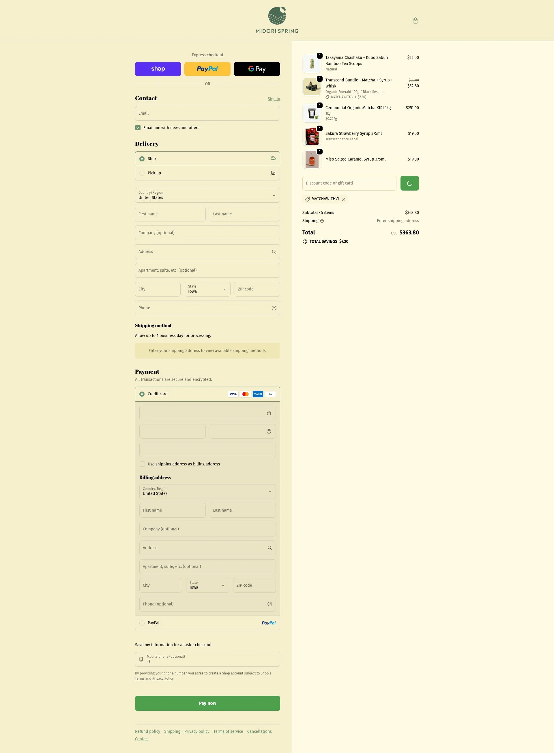 Midori Spring checkout page showing Midori Spring discount code box | Screenshot taken by SimplyCodes community member on Feb 3, 2026