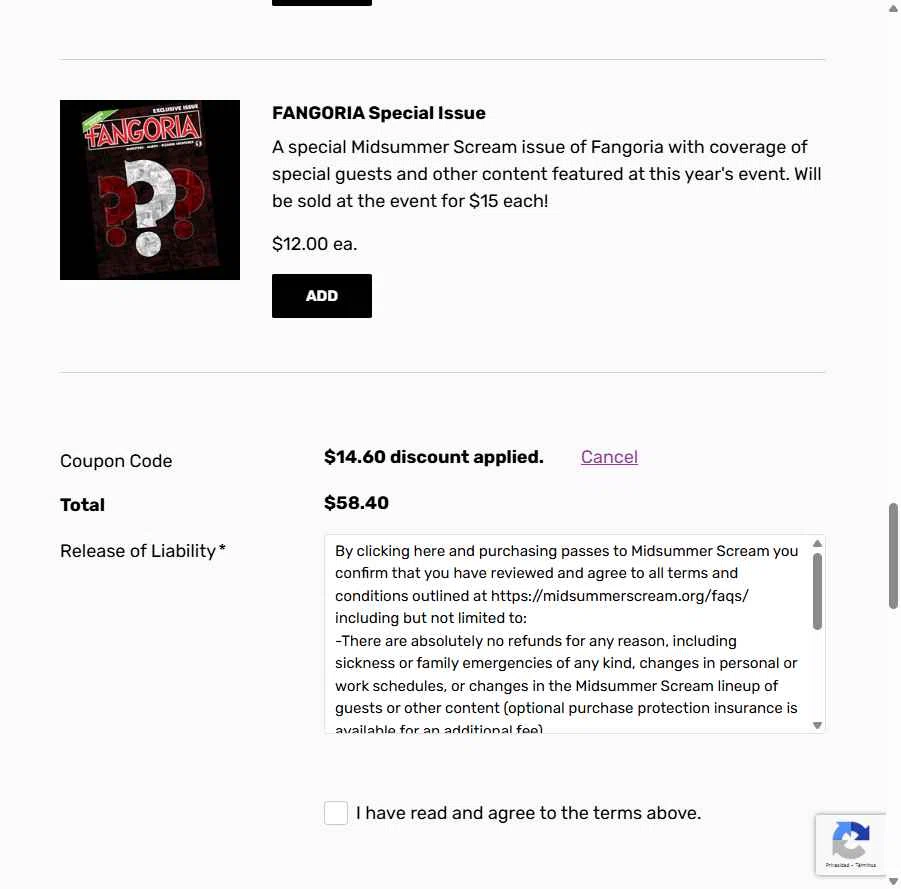 Midsummer Scream checkout page showing Midsummer Scream coupon code box | Screenshot taken by SimplyCodes community member on Apr 8, 2025