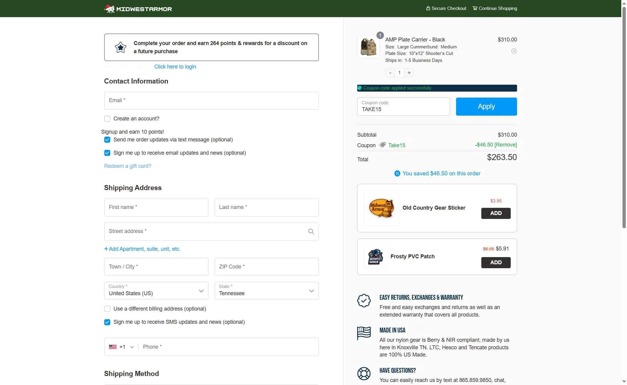 Midwest Armor checkout page showing Midwest Armor discount code box | Screenshot taken by SimplyCodes community member on Nov 25, 2025