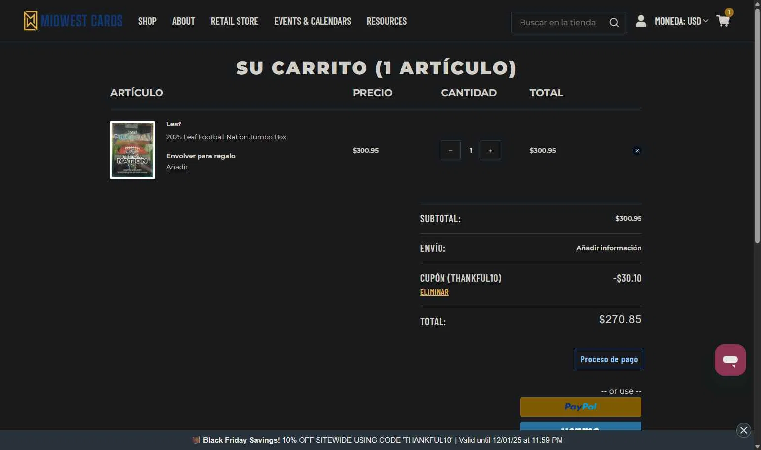 Midwest Cards checkout page showing Midwest Cards coupon code box | Screenshot taken by SimplyCodes community member on Nov 27, 2025