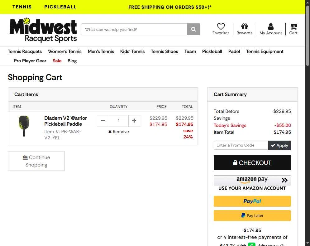 Midwest Racquet Sports checkout page showing Midwest Racquet Sports promo code box | Screenshot taken by SimplyCodes community member on Feb 21, 2026