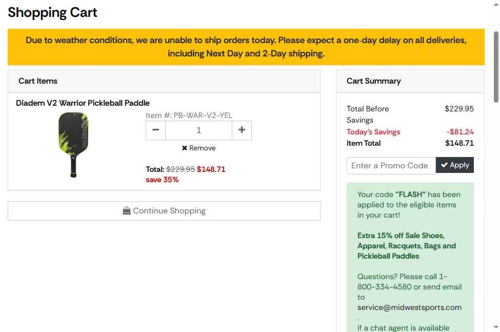 Midwest Racquet Sports checkout page showing Midwest Racquet Sports promo code box | Screenshot taken by SimplyCodes community member on Jan 26, 2026