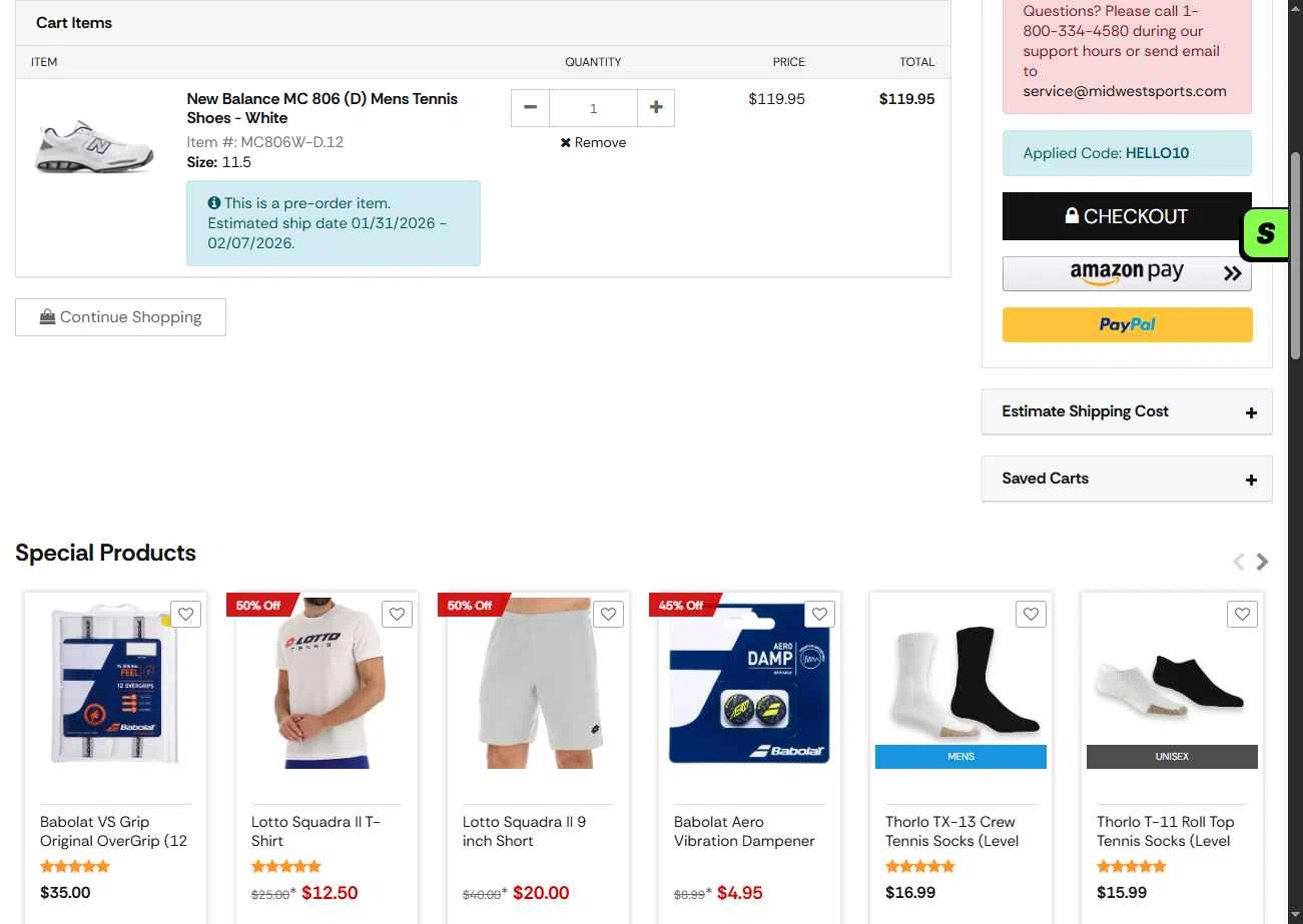 Midwest Racquet Sports checkout page showing Midwest Racquet Sports promo code box | Screenshot taken by SimplyCodes community member on Jan 20, 2026