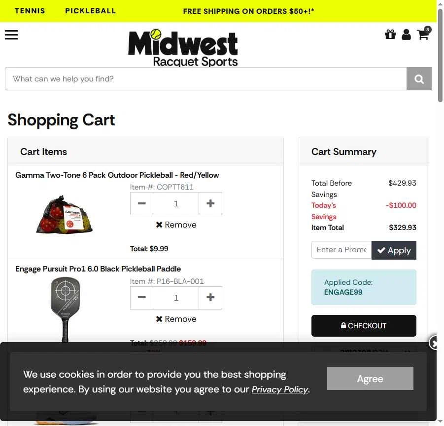 Midwest Racquet Sports checkout page showing Midwest Racquet Sports promo code box | Screenshot taken by SimplyCodes community member on Jan 20, 2026