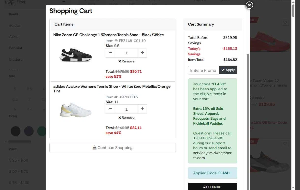 Midwest Racquet Sports checkout page showing Midwest Racquet Sports promo code box | Screenshot taken by SimplyCodes community member on Feb 9, 2026