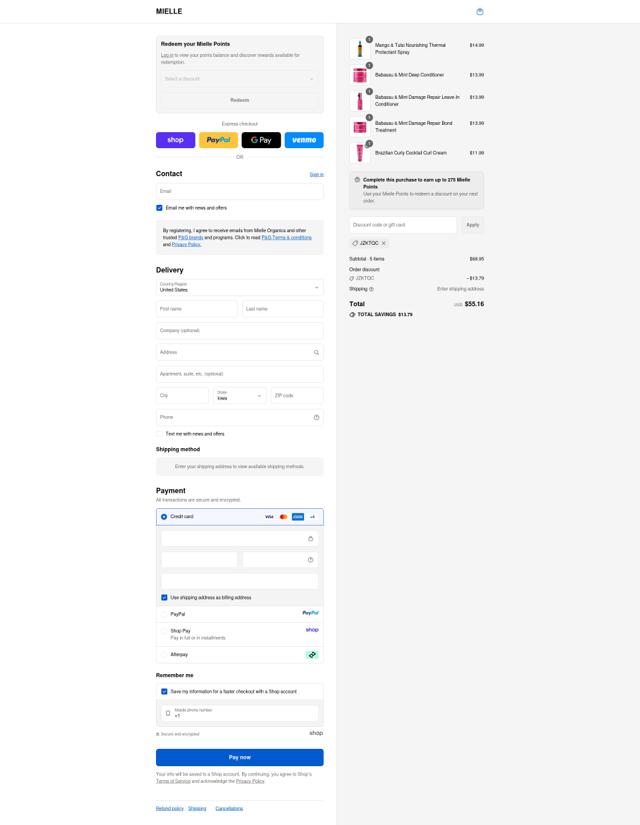 Mielle Organics checkout page showing Mielle Organics coupon code box | Screenshot taken by SimplyCodes community member on Sep 9, 2025