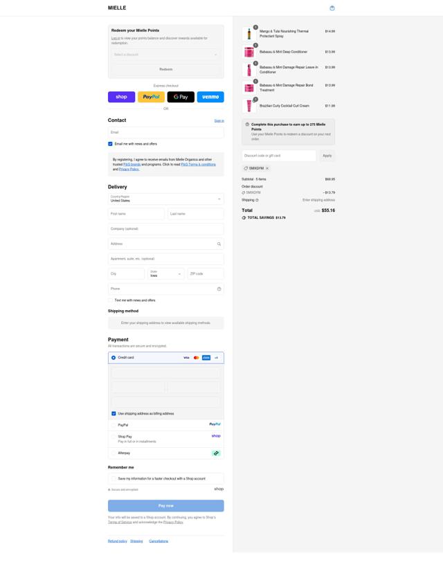 Mielle Organics checkout page showing Mielle Organics coupon code box | Screenshot taken by SimplyCodes community member on Sep 9, 2025