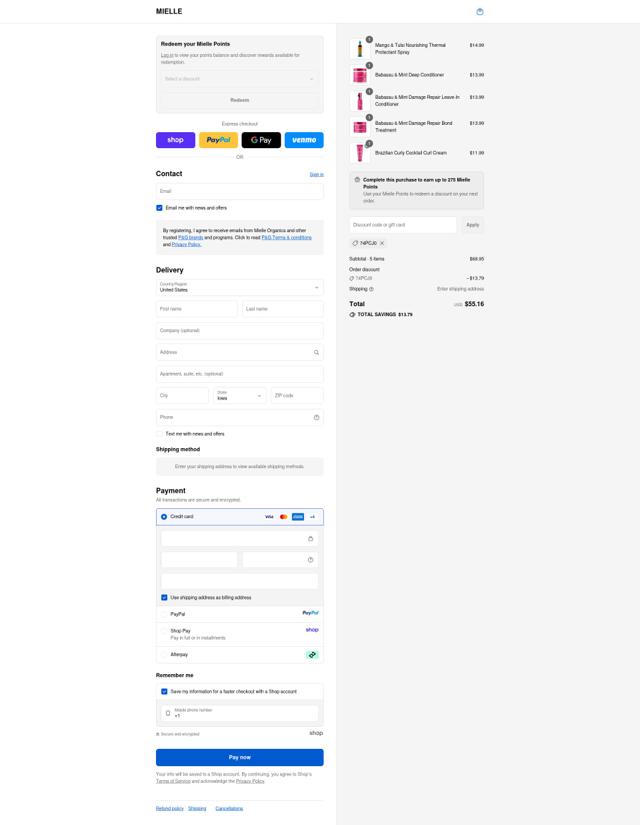Mielle Organics checkout page showing Mielle Organics coupon code box | Screenshot taken by SimplyCodes community member on Sep 9, 2025