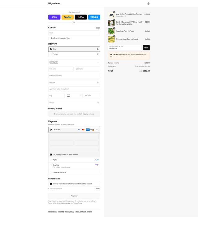 MIgardener checkout page showing MIgardener discount code box | Screenshot taken by SimplyCodes community member on Sep 4, 2025
