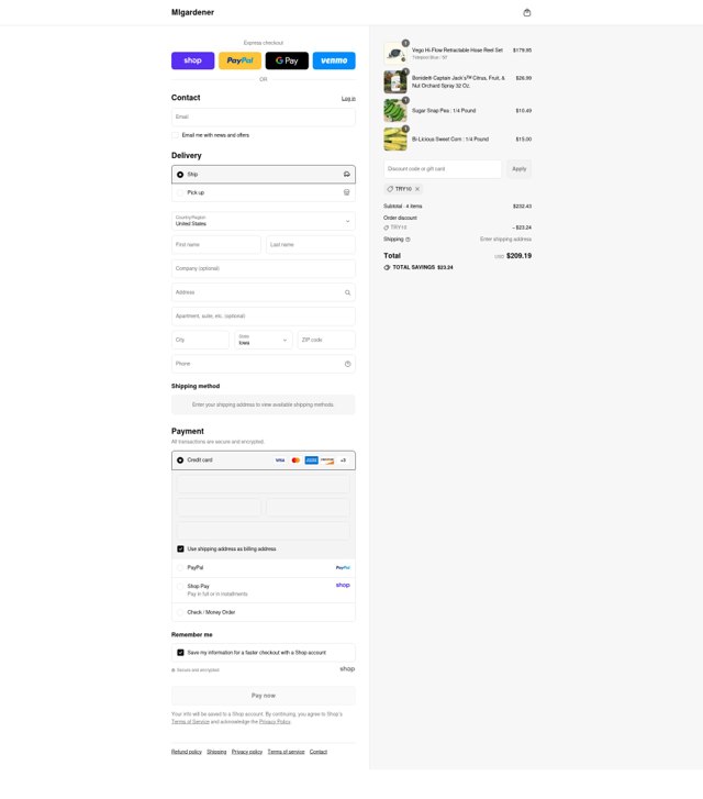 MIgardener checkout page showing MIgardener discount code box | Screenshot taken by SimplyCodes community member on Sep 4, 2025