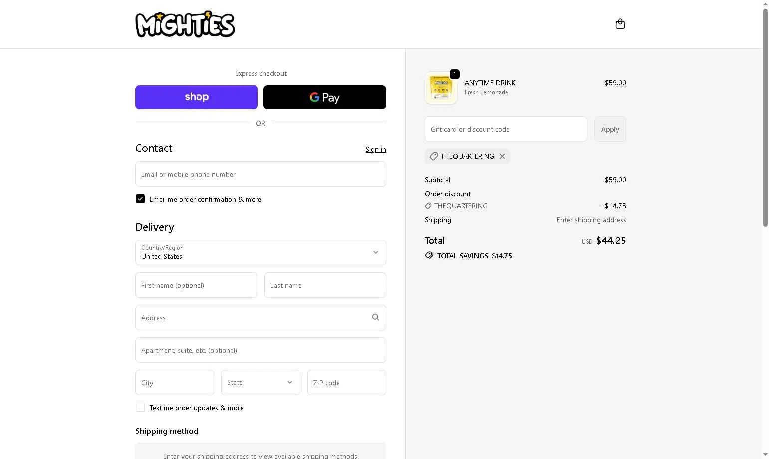 Mighties checkout page showing Mighties promo code box | Screenshot taken by SimplyCodes community member on Oct 2, 2025