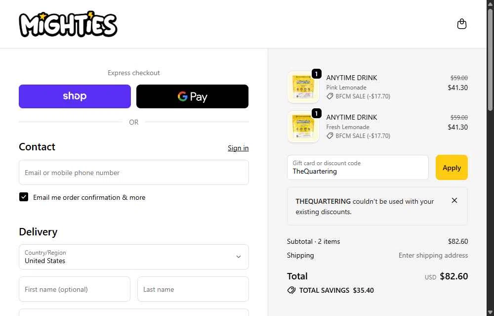 Mighties checkout page showing Mighties promo code box | Screenshot taken by SimplyCodes community member on Nov 30, 2025