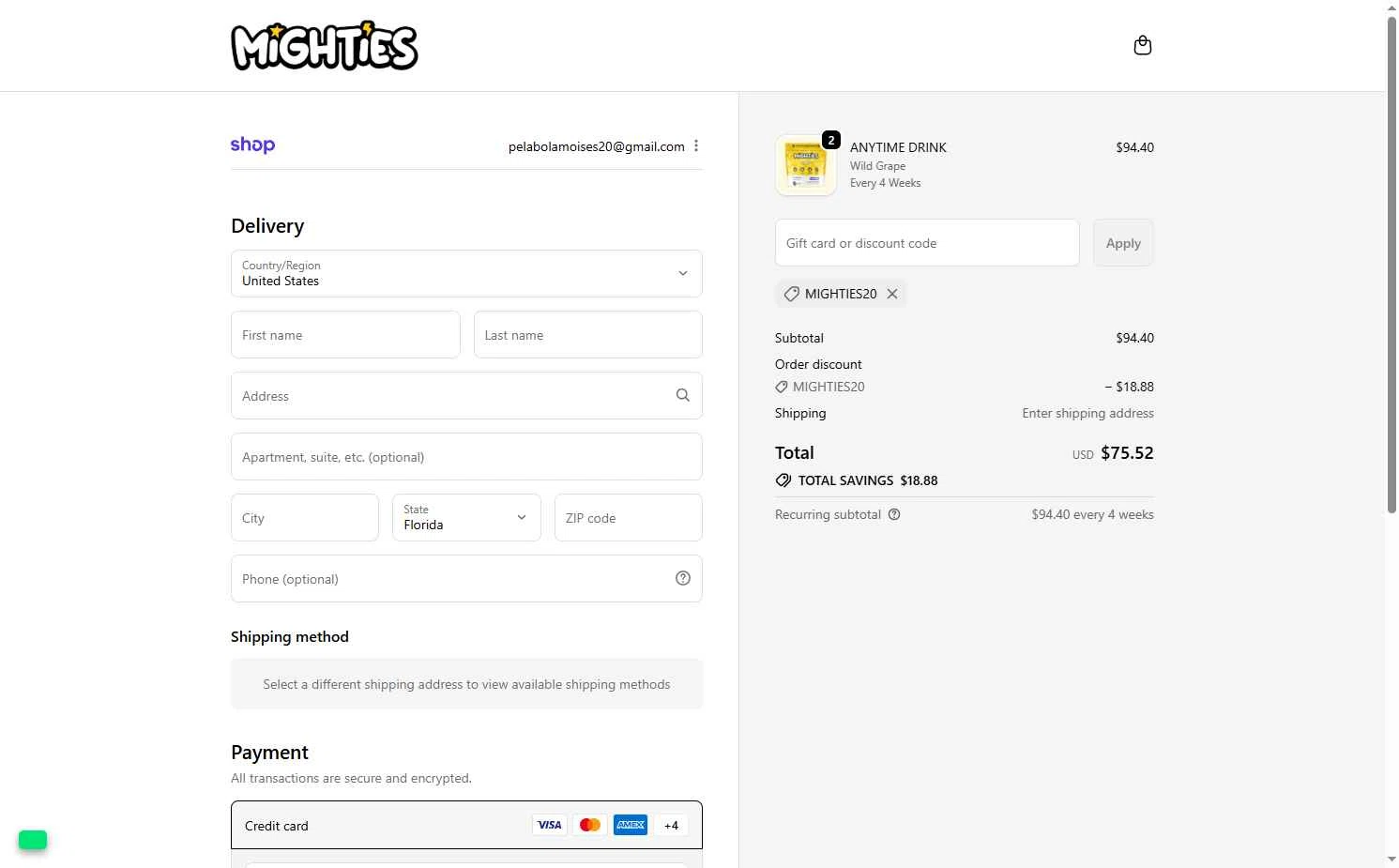 Mighties checkout page showing Mighties promo code box | Screenshot taken by SimplyCodes community member on Oct 28, 2025