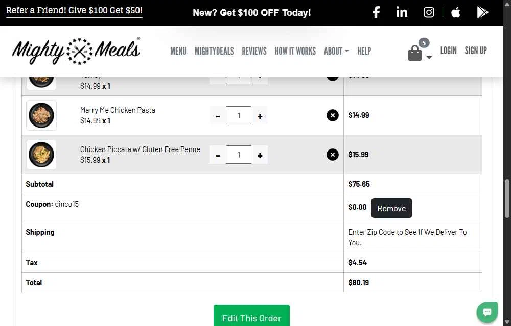 MightyMeals checkout page showing MightyMeals discount code box | Screenshot taken by SimplyCodes community member on Dec 24, 2025