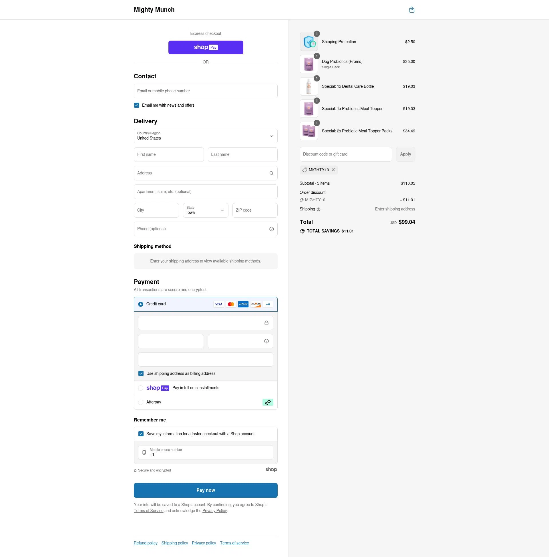Mighty Munch checkout page showing Mighty Munch discount code box | Screenshot taken by SimplyCodes community member on Jul 10, 2025