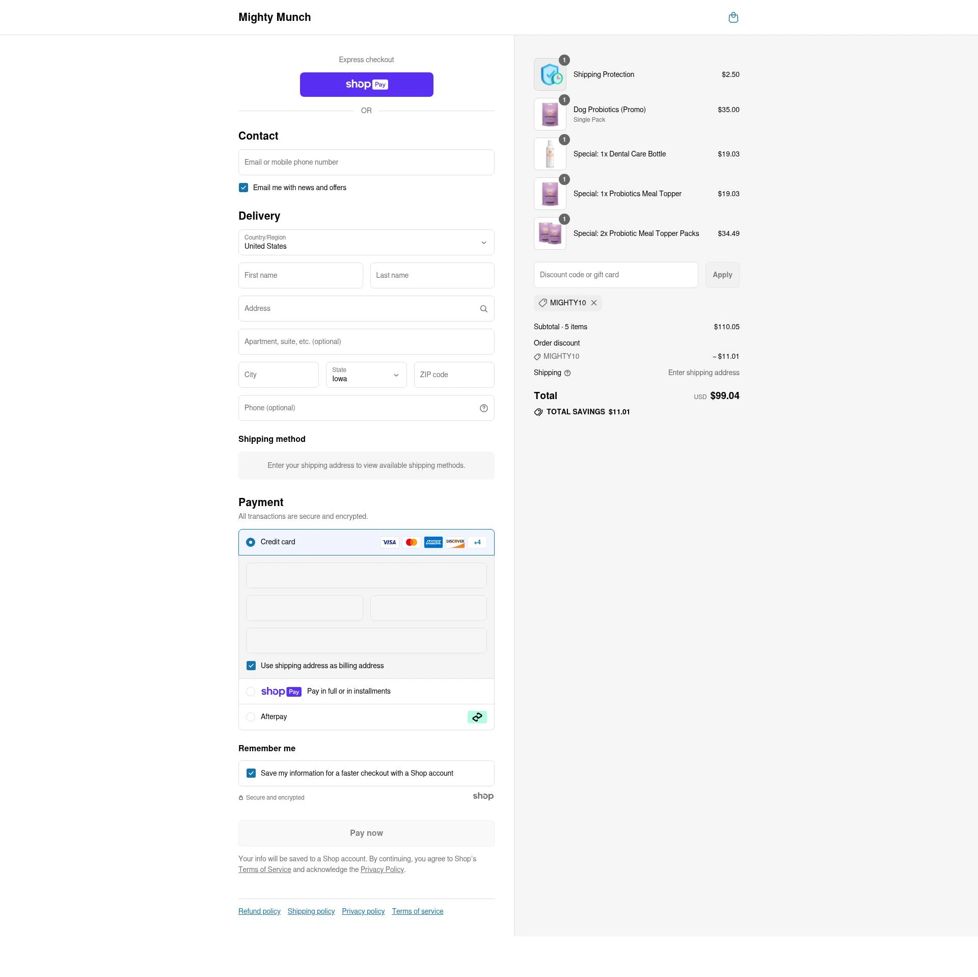 Mighty Munch checkout page showing Mighty Munch discount code box | Screenshot taken by SimplyCodes community member on Jul 14, 2025