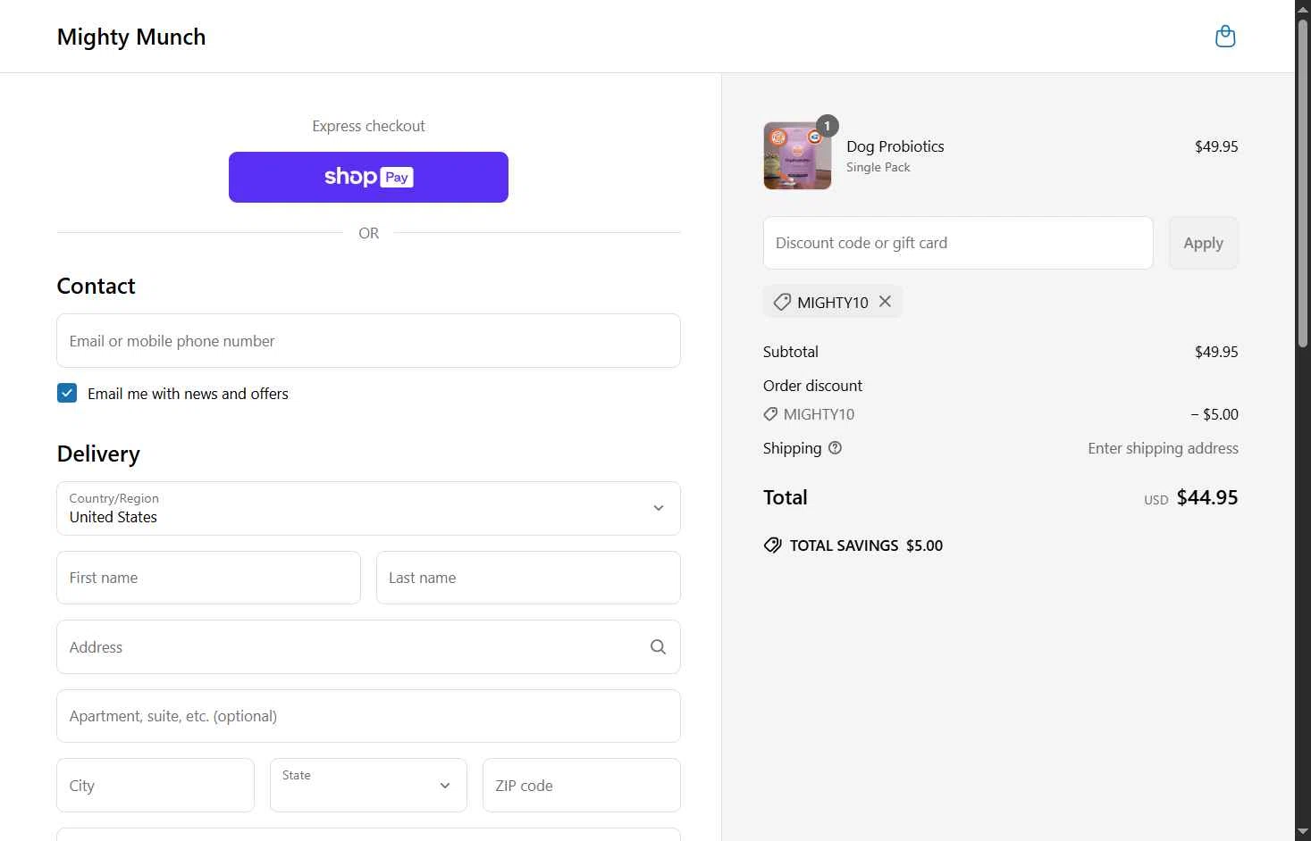 Mighty Munch checkout page showing Mighty Munch discount code box | Screenshot taken by SimplyCodes community member on Jun 22, 2025