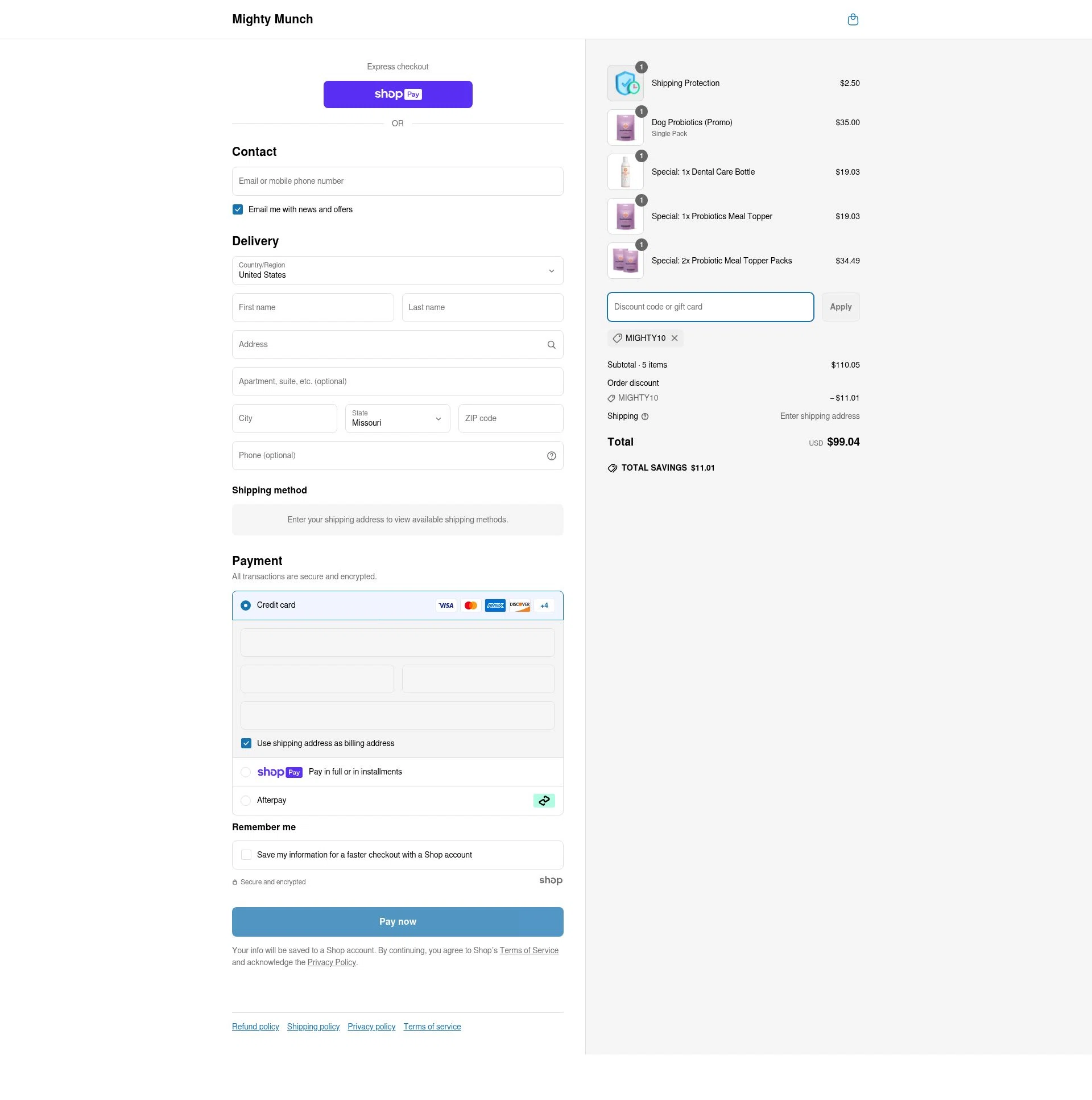 Mighty Munch checkout page showing Mighty Munch discount code box | Screenshot taken by SimplyCodes community member on Jun 15, 2025
