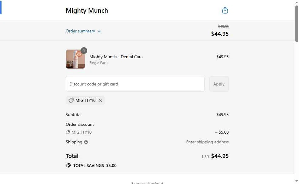 Mighty Munch checkout page showing Mighty Munch discount code box | Screenshot taken by SimplyCodes community member on Jul 16, 2025
