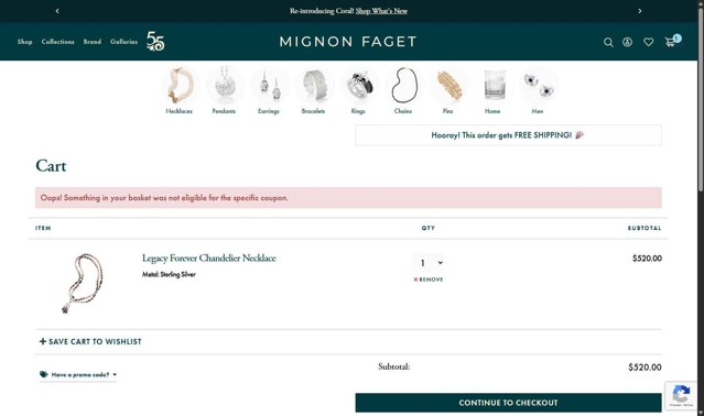 Mignon Faget checkout page showing Mignon Faget promo code box | Screenshot taken by SimplyCodes community member on Aug 20, 2025