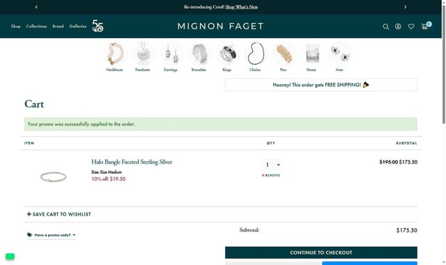 Mignon Faget checkout page showing Mignon Faget promo code box | Screenshot taken by SimplyCodes community member on Aug 19, 2025