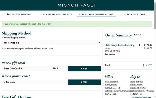 Mignon Faget checkout page showing Mignon Faget promo code box | Screenshot taken by SimplyCodes community member on Sep 3, 2025