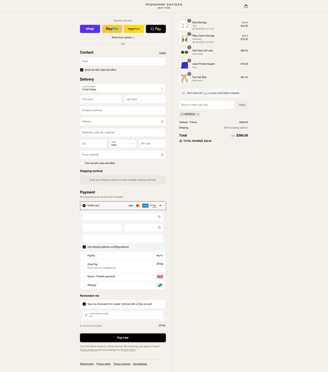 Mignonne Gavigan checkout page showing Mignonne Gavigan promo code box | Screenshot taken by SimplyCodes community member on Sep 3, 2025