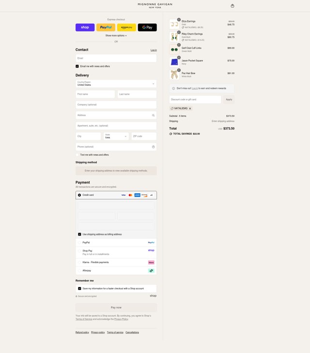 Mignonne Gavigan checkout page showing Mignonne Gavigan promo code box | Screenshot taken by SimplyCodes community member on Sep 3, 2025
