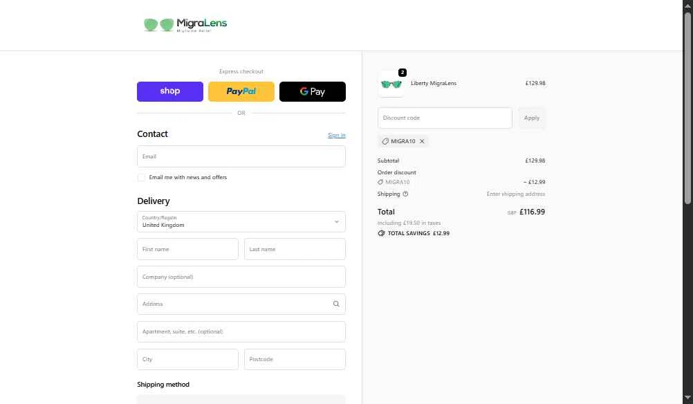 MigraLens checkout page showing MigraLens promo code box | Screenshot taken by SimplyCodes community member on Oct 6, 2025