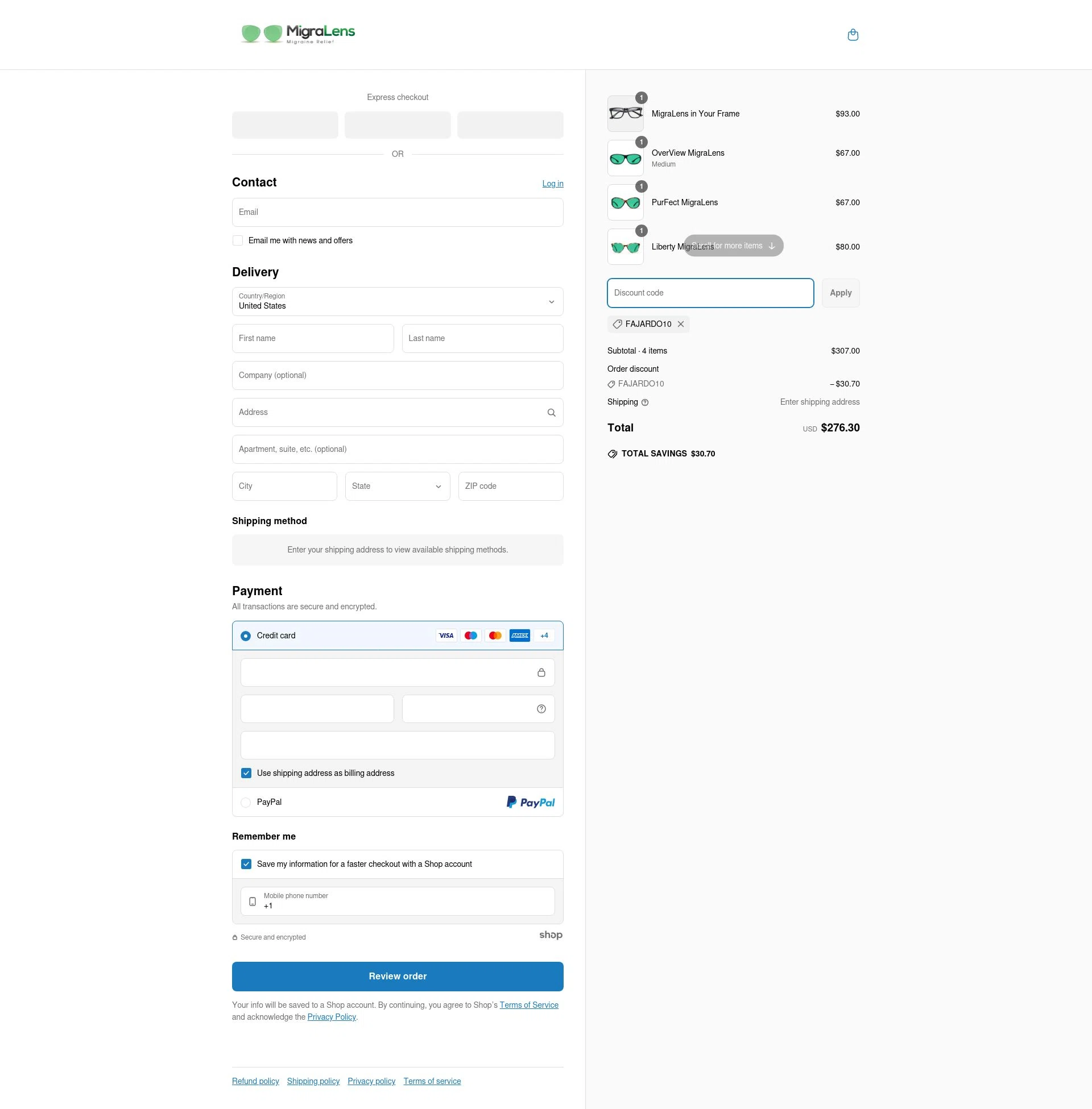 MigraLens checkout page showing MigraLens promo code box | Screenshot taken by SimplyCodes community member on Mar 20, 2025