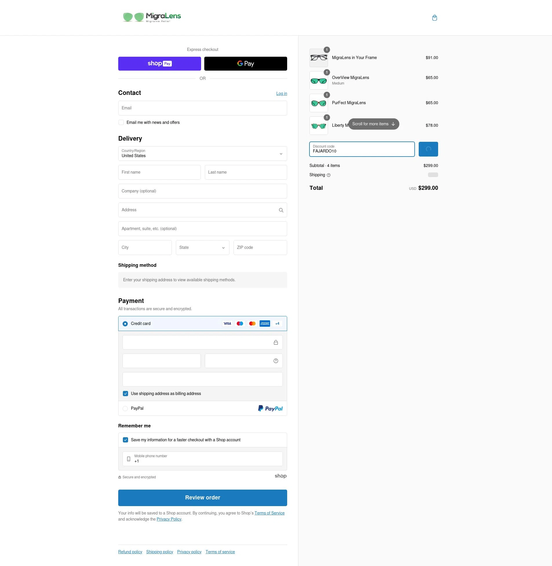 MigraLens checkout page showing MigraLens promo code box | Screenshot taken by SimplyCodes community member on Feb 18, 2025