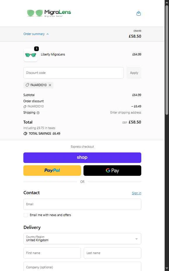 MigraLens checkout page showing MigraLens promo code box | Screenshot taken by SimplyCodes community member on Oct 6, 2025