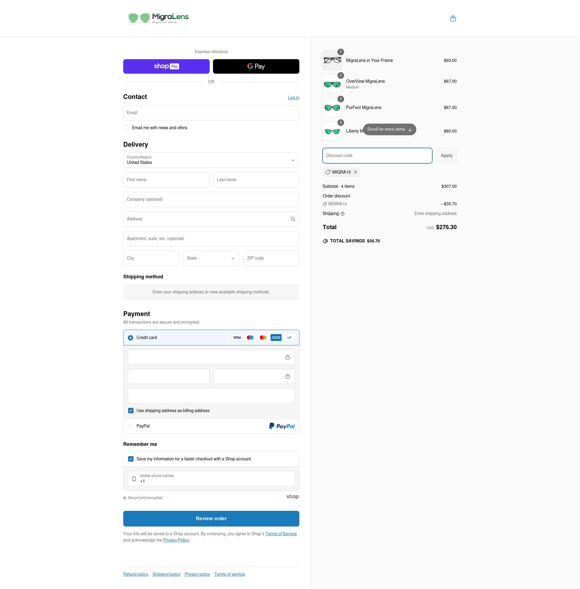 MigraLens checkout page showing MigraLens promo code box | Screenshot taken by SimplyCodes community member on Mar 20, 2025