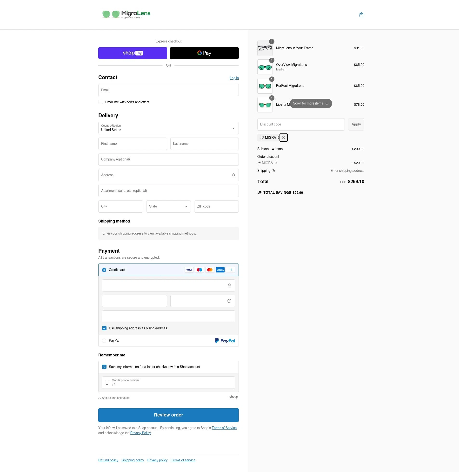 MigraLens checkout page showing MigraLens promo code box | Screenshot taken by SimplyCodes community member on Feb 18, 2025