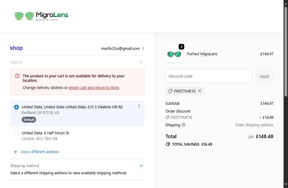 MigraLens checkout page showing MigraLens promo code box | Screenshot taken by SimplyCodes community member on Oct 6, 2025