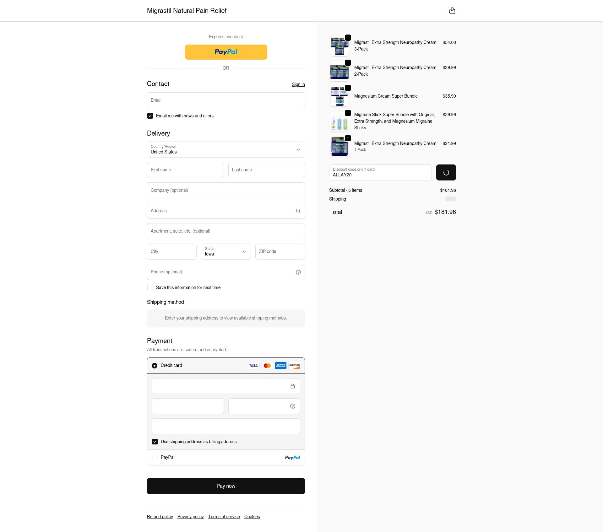 Migrastil checkout page showing Migrastil promo code box | Screenshot taken by SimplyCodes community member on Feb 13, 2026