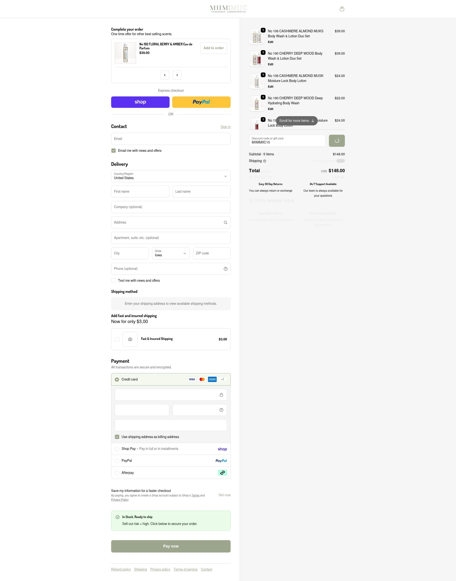 MiimMiic Fragrance Labs checkout page showing MiimMiic Fragrance Labs promo code box | Screenshot taken by SimplyCodes community member on Feb 18, 2026