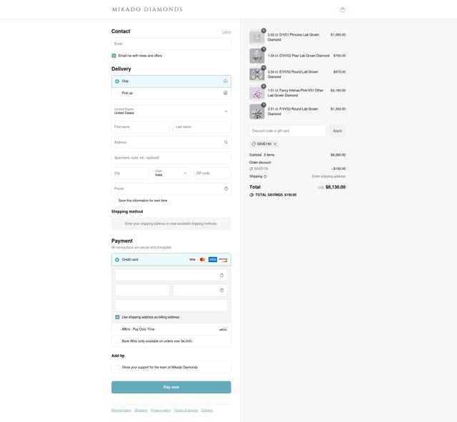 Mikado Diamonds checkout page showing Mikado Diamonds promo code box | Screenshot taken by SimplyCodes community member on Sep 3, 2025