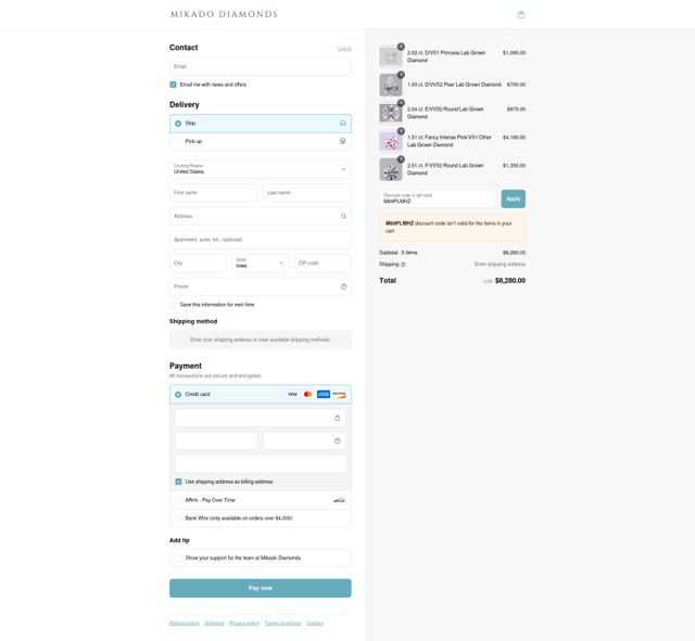 Mikado Diamonds checkout page showing Mikado Diamonds promo code box | Screenshot taken by SimplyCodes community member on Aug 30, 2025