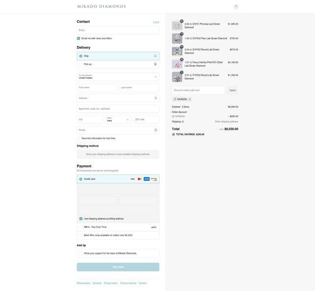 Mikado Diamonds checkout page showing Mikado Diamonds promo code box | Screenshot taken by SimplyCodes community member on Aug 30, 2025