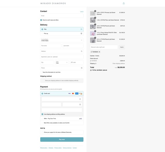 Mikado Diamonds checkout page showing Mikado Diamonds promo code box | Screenshot taken by SimplyCodes community member on Sep 3, 2025