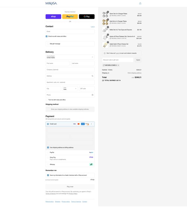 Mikasa checkout page showing Mikasa discount code box | Screenshot taken by SimplyCodes community member on Sep 4, 2025