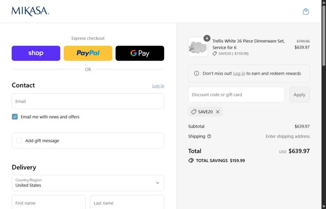 Mikasa checkout page showing Mikasa discount code box | Screenshot taken by SimplyCodes community member on Aug 31, 2025