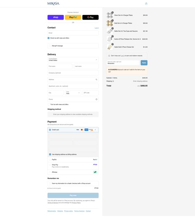 Mikasa checkout page showing Mikasa discount code box | Screenshot taken by SimplyCodes community member on Sep 4, 2025