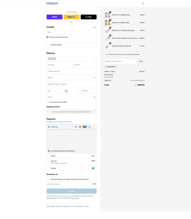 Mikasa checkout page showing Mikasa discount code box | Screenshot taken by SimplyCodes community member on Sep 4, 2025