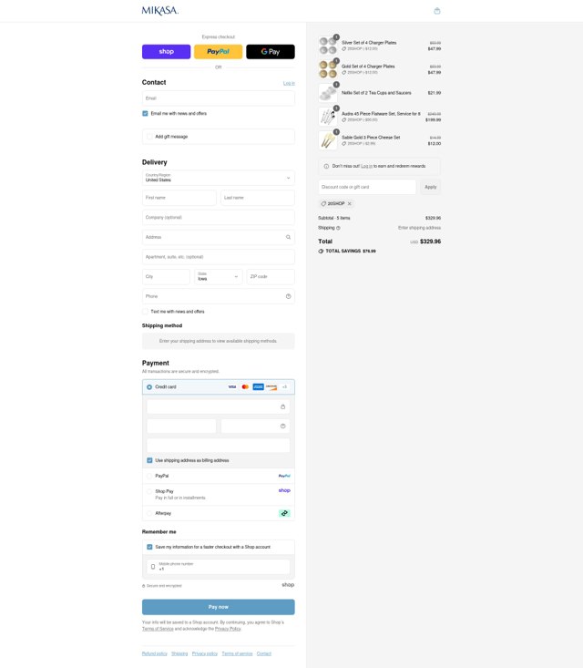 Mikasa checkout page showing Mikasa discount code box | Screenshot taken by SimplyCodes community member on Sep 4, 2025