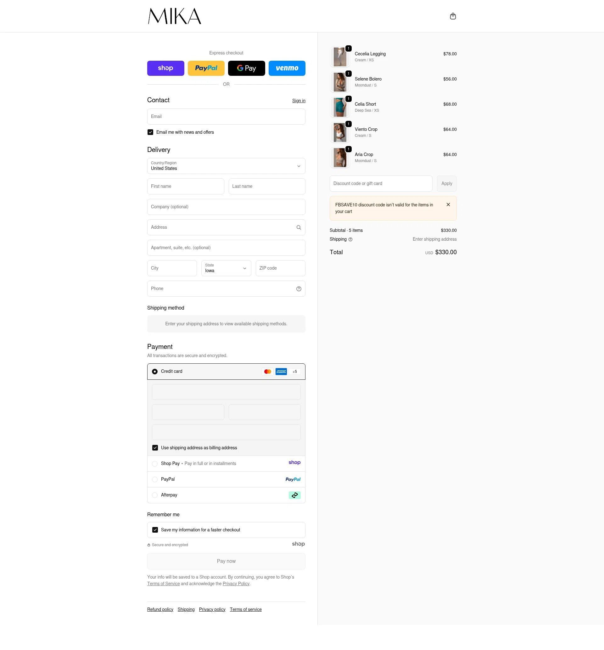 Mika Yoga Wear checkout page showing Mika Yoga Wear discount code box | Screenshot taken by SimplyCodes community member on Jan 2, 2026